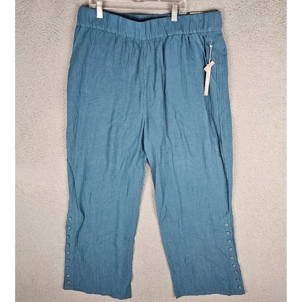 Soft Surroundings Pants Womens XL Blue Wide Leg Gauze Button Hem Full Length